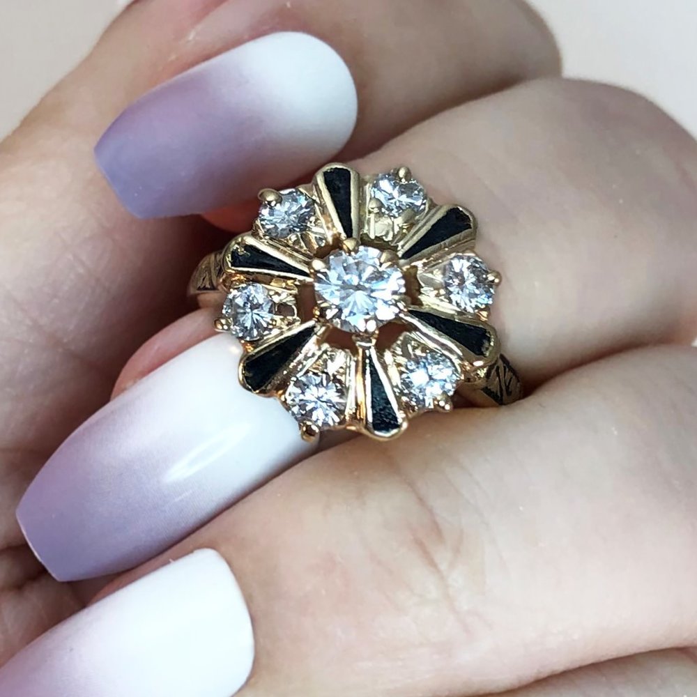 Vintage 14kt Yellow Gold 1.12tcw Diamond & Enamel